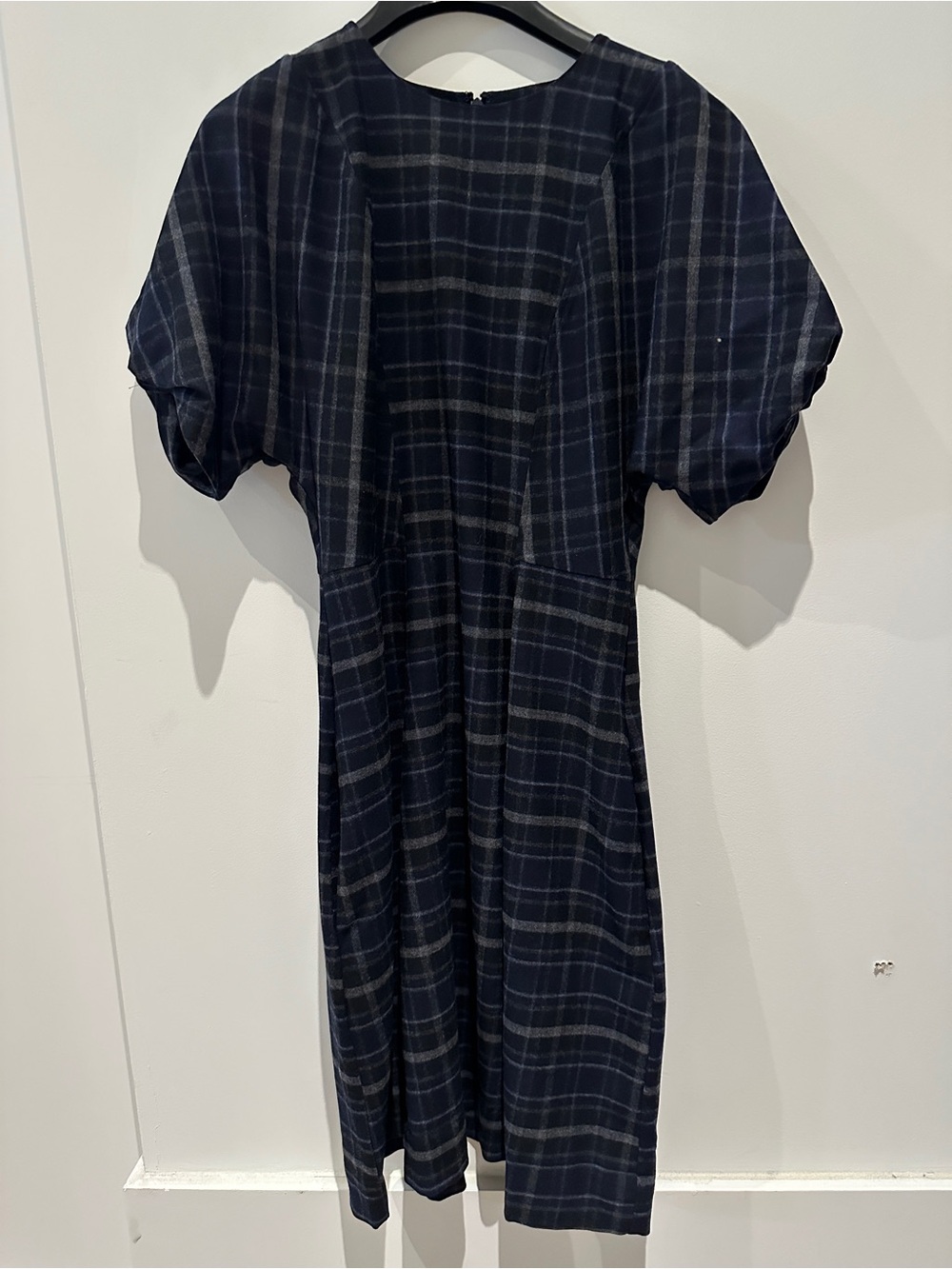 NWT - COS Navy Plaid Midi Dress with Puff Sleeves